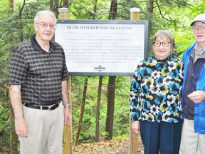 Contributed photo
Joe and Cecilia Kiss recently donated 12-acres of land on the outskirts of Delhi to the Long Point Basin Land Trust. The couple were on hand for a dedication ceremony on June 8 with LPBLT vice-president Al Robinson.