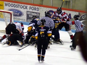 A melee ensued near the end of a Jan. 13, 2013, game between the midget Woodstock Jr. Navy Vets and Brantford 99ers at Southwood Arena that saw Woodstock player Nick Major have his helmet ripped off and punched repeatedly, resulting in a broken nose, cuts, bruises and a concussion. The Brantford player, whose name can't be released under the Youth Criminal Justice Act, appeared for his first court hearing Thursday morning.