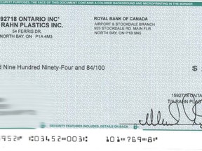 This is the bogus cheque received by a Brantford resident that police have confirmed is part of a scam. (Submitted photo)