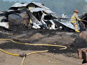 Fire destroyed an equipment shed and all its contents at de Wetering Hill Farms at RR5 Stratford Wednesday. (SCOTT WISHART, The Beacon Herald)