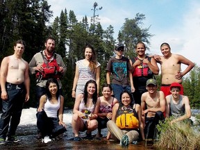 A group shot of teacher Ryan Forsyth, his students and two chaperones on their New Trail final exam in the wilderness near Mississagi River. Back row: Trevor Schuurman, Ryan Forsyth, Courtney Morningstar, Andrew Barager, Robert Lagace and Andrew Labbee. Front: Shayna Gionette, Lindsay Rietze, Jenna Nyman, Angela Benedict, Chance Counsell and Brett Vachon.  Photo supplied