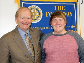 Douglas Elliott, participant in the Rotary Club’s International student program in 1978, with this year’s selected student Jeremiah Dickson at the Masonic Hall on June 11.
Photo by JORDAN ALLARD/THE STANDARD/QMI AGENCY