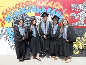 Hobbema’s graduating class: Joslyn Soosay, left, Ellymae Deschamps, Steve Buffalo, Chloe Buffalo, and Nadine Bruno. Absent from the festivities were grads Aleisha Omeasoo and Carolyn Denneny.