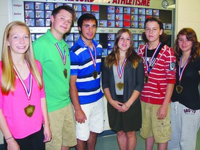 SEAN CHASE    Ecole Jeanne Lajoie have rewarded their athletic best. Winning the top awards for 2012-13 were (left to right) Erin Adam (female athlete of the year grade 9-12), Blake Taylor (most promising male grade 9-12), Mathieu Gagnon (male athlete of the year grade 9-12), Elisabelle St-Hilaire (most promising female grade 9-12), Will Searle (male athlete of the year grade 7-8), and Emily Paquette (female athlete of the year grade 7-8).