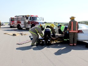 Chatham-Kent emergency crews responded to a mock crash at the municipal airport to test their readiness to react to an airport disaster Wednesday morning. The scenario was a small plane crash with four people injured when the aircraft landing gear did not engage.
PHOTO TAKEN CHARING CROSS, On., Wednesday June 19, 2013 VICKI GOUGH/ THE CHATHAM DAILY NEWS/ QMI AGENCY