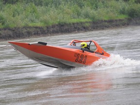 Barry Fenton zooms at speeds greater than 150 kilometres/ per hour in a Backdraft CX121 jet boat on the Wapiti River, south of Grande Prairie. The 2013 RAT 200 Jet Boat Races are returning to the river Saturday and Sunday. The main event races start at  O’Brien Park Saturday at 11 a.m. (Aaron hinks/Daily Herald-Tribune)