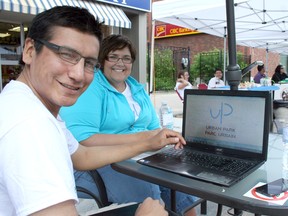 Wednesday was the opening day of the Urban Park in Downtown Timmins. Willy Metat, projects co-ordinator for Downtown Timmins, and Noella Rinaldo, executive director, demonstrated the fact free wifi is up and running by linking onto the new Timmins Urban Park website.