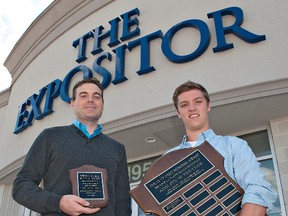 Expositor managing editor Jeff Dertinger presents the Ed O'Leary Memorial Award for the male athlete of the year in Brant County to Cam Capel of Paris District High School. (Brian Thompson, The Expositor)