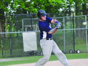 Daylan Laramee of the Portage Padres hits the ball during the Padres' game against Neepawa June 19. (Kevin Hirschfield/THE GRAPHIC/QMI AGENCY)