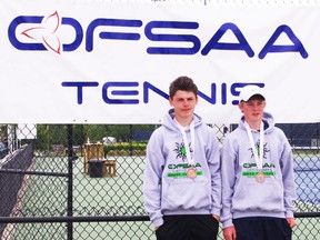 St. Anne's Secondary boys' doubles players Jeremy Chisholm and Alex Conlon pose with their bronze medals after competing at OFSAA in Toronto.