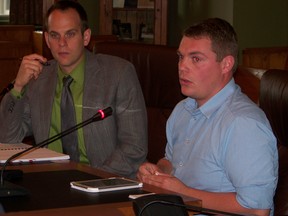 S,D and G roads superintendent Ben de Haan, left, and EDP Renewables project manager Ken Little answer questions from S,D and G council on a local road use agreement for a wind farm project.