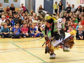 Dallas Powderface of Morley performs before a full house at Glenbow School during their annual pow wow, June 14. It was an advance celebration of National Aboriginal Day.