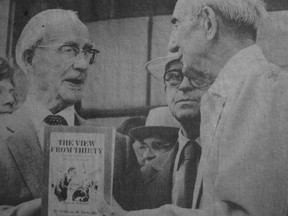 Two old Portagers met in June 1986, when former Premier Douglas Campbell received a copy of “The View From Thirty” written by William H. Metcalfe. Both grew up in the Portage area and had lots to reminisce about. (SUBMITTED PHOTO)