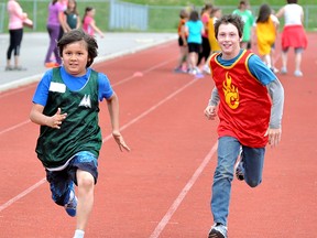 The District School Board North East held its end-of-year track meet on Thursday at The Timmins Regional Athletics and Soccer Complex. W. E. Miller Public School student Vincent Okimaw, left, runs past Timmins Centennial student Jacob Pezzola in the novice boys 50-metre dash.