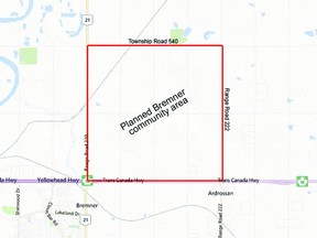 The red square above shows the location of the planned 100,000 population Bremner site, which spans from Sherwood Park east to Ardrossan, north of Highway 16. File Graphic