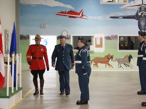 Staff Sgt Rodney Koscielny was Reviewing Officer for the Air Cadets Parade on Saturday, June 15. Here, he enters with Commanding Officer, Second Lieutenant Andy Moore to inspect the squadron.
Celia Ste Croix | Whitecourt Star