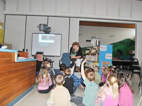 Lydia Hittinger and Casey Careful, a raccoon talk to Mrs. Britt’s kindergarten class on Tuesday, June 11 about the dangers of riding on a quad or ATV.
Barry Kerton | Whitecourt Star