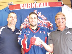 The River Kings have welcomed draft pick and former Jr. A Colts player Chris Ayotte to the team. From left are Rick Lapierre (River Kings business and operations manager), Ayotte and Bernie Villeneuve (River Kings owner).