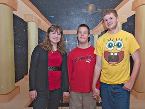 North Park Collegiate drama students Sarah Shaughnessy and Michael Lambert (right) worked closely with special needs student Connor Heald during the high school's production of Peter Pan. (Brian Thompson, The Expositor)