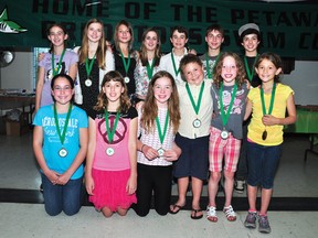 The Petawawa Predators Swim Club recently gathered at the Royal Canadian Legion to celebrate the conclusion of another season in the pool, and recognized their top performers in a variety of categories. Among the winners were: (back row, from left) Meghan Rondeau, Libby Hetherington, Jeris Chalmers-Wein, Tara Hetherington, Jacob Grand, Alex Boyle and Max Boyle; (front row, from left) Sydney Ventress, Emily Norman, Sarah Stecey, Skye Couzat, Jeremy Daigle and Lydia Patterson.