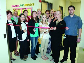 The Summer Jobs Service has opened its doors at Algonquin College. In the photo (front left to right) is program coordinator Cathy Yantha, students Melissa Green, Victoria Flowers, Amber Morris, Laura Lapinskie, representing MPP John Yakabuski, staff Sean Rochel, staff Shauna Quirk (back left to right), employers Chantal Picard, Brenda Sammon, Donna Roggie, staff Alana Chaput and Sandra Gapp, representing the Ministry of Training, Colleges and Universities.