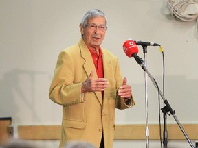 Basil Johnston at a speaking engagement at the Owen Sound library in 2013.