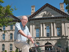 Bill Hurley sits on the delivery bicycle he used in the mid-1940s to deliver printed products from his grandfather's business Hurley Printing Company Limited.  The bicycle, made in England in 1945 featured a large basket at the front, with legs that would swing down and act as a kickstand. The bicycle is owned by Jamie McGregor, organizer of the Canadian Vintage Bicycle Show which will run from 7 a.m. to 6 p.m. on Sunday at Heritage View Farm on Tutela Heights Road in Brantford. Proceeds from the show will go to the Stedman Community Hospice.
(BRIAN THOMPSON Brantford Expositor)