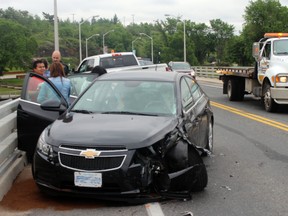 The black sedan involved in an accident on the hospital bridge along Lakeview Drive in Kenora on Saturday, June 22.
ALAN S. HALE/Daily Miner and News