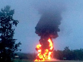 A fireball engulfs two vehicles on Highway 63 near Boyle. RCMP