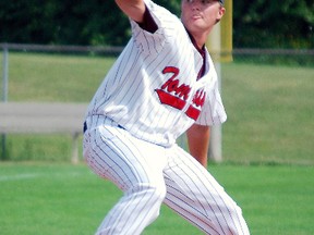 St. Thomas pitcher Ryan Zimmer threw a one-hitter at the Stratford Nationals as the Tomcats won the opening game of a Junior Inter-County Baseball League doubleheader 9-0 Saturday at Emslie Field.  (Ben Forrest, Times-Journal)