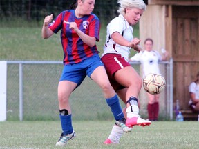 Woodstock Spurs player Nicki Pall takes control of the ball in tight against a Dorchester Sapphires defender in their Monday June 24, 2013 London and Area Women's Soccer League quarter-final Second Division Cup game at Cowan Park. The Spurs won 5-1 to advance to the semifinals and are first-place in the division during regular season play.
GREG COLGAN/Sentinel-Review/QMI Agency