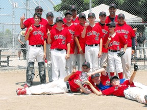 The Chatham Diamonds celebrate winning the Chatham Minor Baseball Association major peewee tournament Sunday at Thames Campus Park. The Diamonds are, front row, left: Ethan Paxton, Ethan Lutz and Grant Spence. Second row: Colton Shoemaker, Jacob Breault, Evan Rogers and Caden Basso. Third row: Spencer Marcus, Brandon Tennant, Ty Lucio, Connor Goldsmith and Bryce Joseph. Back row: coaches Colin McGregor, Norm Joseph and Brendan Spence. (Contributed Photo)