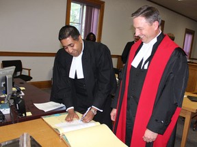 Ahmed Malik was officiially inducted into the Saskatchewan Bar Association in a ceremony on Monday, June 24; (L to R) Malik and Justice Neil Turcotte.