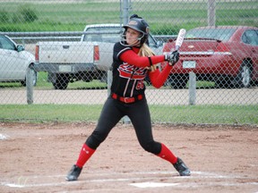 A member of the 222s bats during the Ducks Unlimited Fastpitch during the ladies division final on Sunday, June 24 at Spruce Haven Ballpark in Melfort.