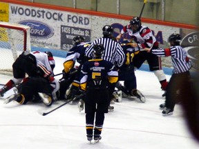 A melee ensued near the end of a Jan. 13, 2013, game between the midget 'A' Woodstock Jr. Navy Vets and Brantford 99ers at Southwood Arena that saw Woodstock player Nick Major have his helmet ripped off and punched repeatedly in the head, resulting in a broken nose, cuts, bruises and a concussion, leaving him unable to play for two-and-a-half weeks. (Submitted photo)