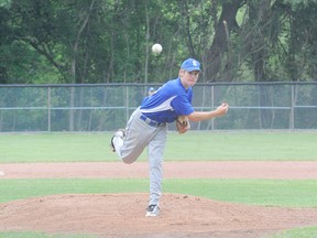 SARAH DOKTOR Times-Reformer
Simcoe's Evyn Sherman pitches the ball during a game against the London Badgers at Memorial Park Tuesday night. The major bantam Giants lost 19-0.