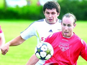 Kurtis Bailey of Stratford City FC controls the ball during Tuesday night's Kitchener District Soccer League Premier Division game at Packham Soccer Complex. Bailey scored in Stratford's 3-0 win.