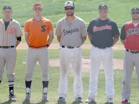 The Wheatbelt Baseball League held its third annual All-Star Skills Contest and All-Star Game on Sunday June 23, 2013. This year's all-star festivities were held at the Misery Mountain Ball Diamond in Peace River. Pictured are the Peace River Stampeders' all-star participants sporting vintage Stampeders' uniforms (l-r): Catlin Yew, Trevor Kuran, Jeremy Muise, Chris Vautour and Tim Clayton.