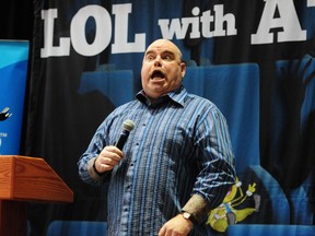 Big Daddy Tazz performs a 10-minute set at the media launch for the 2013 Edmonton Comedy Festival at ATB Place in downtown Edmonton last week. TREVOR ROBB Edmonton Examiner