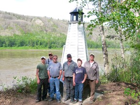 Alberta’s latest and perhaps only lighthouse was installed at Pratt’s Landing campground June  19. The group that installed it included, l-r, Les Bjornson (who also built it), Trevor Obrigewitch, Bill Stelmaschuk, Paul Tyrkus, Lane Obrigewitch and John Zaderey. There was a lighthouse on the shore of Sylvan Lake but it was demolished this past winter.