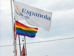 The Gay Pride Rainbow flag flies proudly alongside the Town of Espanola flag outside town hall for the first time. 
Photo supplied.