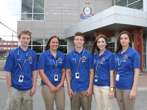 Evan Savard, from left, Megan Roy, Shane Trumble, Kaitlin Wheeler and Julia Rowe were introduced to the Timmins Police Services Board Tuesday as the newly hired summer student ambassadors with the service. They were hired through the provincially funded Youth In Policing Initiative.