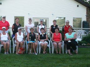The Fairview Sandy’s Jewellry Ladies Open took place at the Fairview Golf Club June 22 and there were over 80 golfers participating. The top players posed for a photo afterwards: back, l-r, second place players: eigth flight-Rosella Hiscock, sixth flight-Barb Coulter, fourth flight-Tracy Watchorn, second flight-Brenda Gomes, Championship flight Tamara Johnson, first flight-Colleen Toews, third flight-Karen Scribner, fifth flight-Cheryl Ford, seventh flight-Karalee Wadman, ninth flight Evelyn Tissington. Front, first place players: (Missing eighth flight Natasha Knopf), sixth flight-Yvette Ford, fourth flight-Annette James, second flight-Fay Miller, Championship flight (with trophy) Darlene Van Neiuwkerk, first flight-Sheri Rosochowaty, third flight-Barb Ollenberger, fifth flight-Marilyn Vick, seventh flight-Wendy Mattie, ninth Faye Ewing.