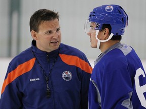 Nail Yakupov talks to coach Steve Serdachny during the 2012 Edmonton Oilers Rookie Camp. Serdachny is the new head coach of Team Brick Alberta in the upcoming Brick Invitational  Super Novice Hockey Tournament. FILE PHOTO