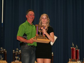 Mark Mombourquette presents Nikki Hawkey with the award for Most Valuable Player for senior girls badminton. Hawkey also took home the MVP award for senior girls volleyball.
Barry Kerton | Whitecourt Star