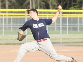 Ben Bosselle of the North Bay Midget Stingers pitches against Casey's in Skaters Edge Men's Baseball action at the Steve Omischl Sports Fields Complex, Monday. The Stingers won 14-0.
