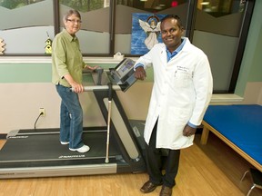 Joyce Werk of Beaverlodge (left) does some rehab work in Edmonton with Dr. Jayan Nagendran, Surgeon and Director of Research for the Division of Cardiac Surgery at the University of Alberta Hospital/Mazankowski Alberta Heart Institute (UAH/MAHI). Nagendran conducted the surgeries to remove and transport the lungs from the donor using the Ex-Vivo device, as well as the surgery to put them in Joyce who will be returning home to Beaverlodge soon. (Photo courtesy AHS)