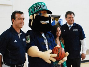 Nipissing University announced Tuesday it's adding varsity basketball to its roster of sports beginning 2014-15. Media event participants included, left to right, Vito Castiglione, athletics director, Louie Laker, Kayla Fitzsimmons, student union president and Mike DeGagne, Nipissing’s president and vice-chancellor.