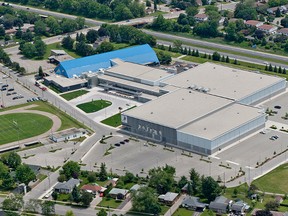 An aerial photograph shows the reconstructed and expanded Wayne Gretzky Sports Centre. (Brian Thompson, The Expositor)