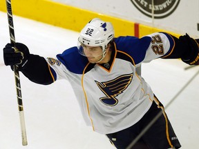 St. Louis Blues' Kevin Shattenkirk celebrates after scoring the game-winning goal against the Chicago Blackhawks during the shoot-out of their NHL hockey game in Chicago, Illinois, April 4, 2013.   (REUTERS)